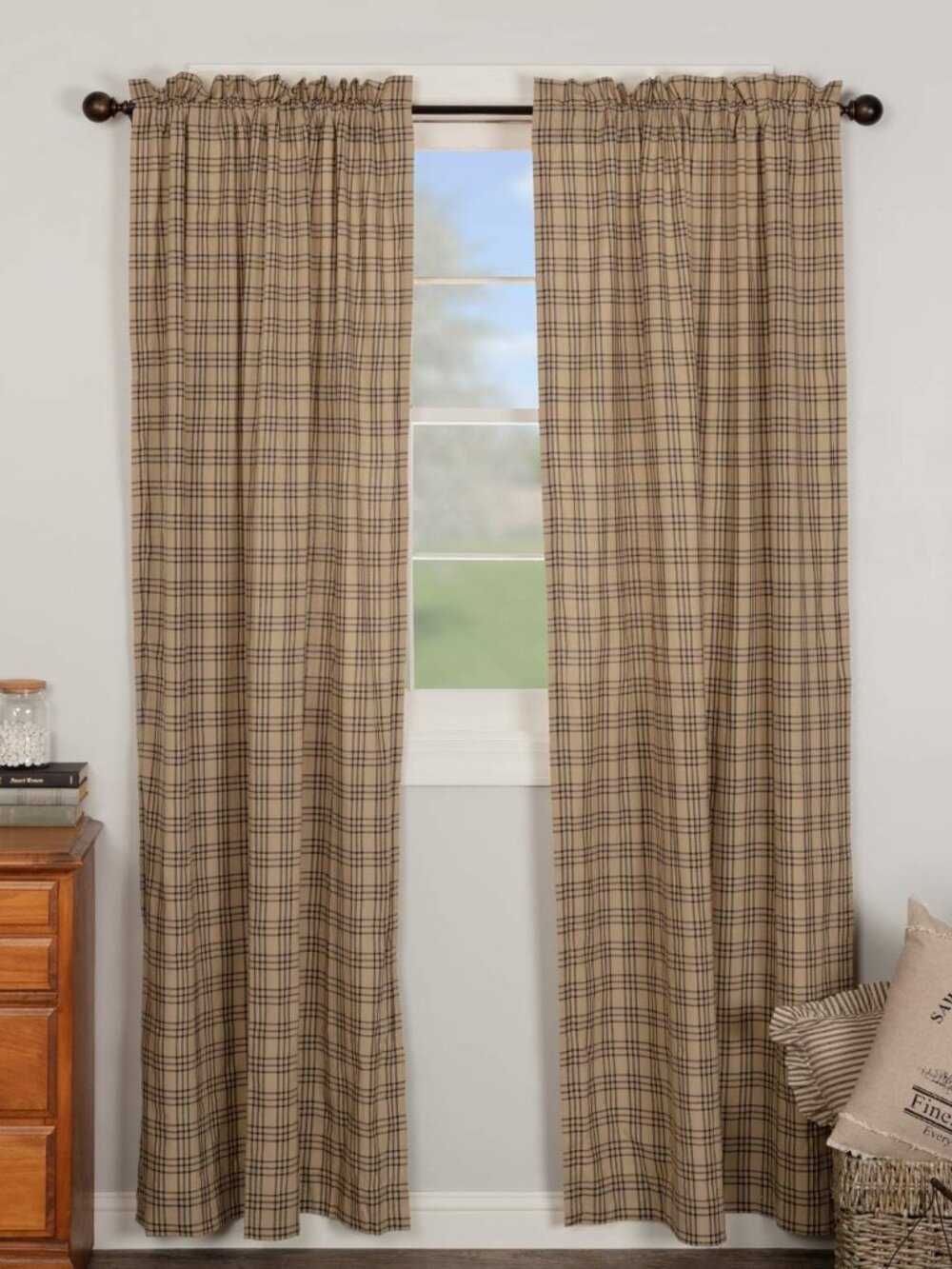 Farmhouse Window Bedroom Curtains-Sawyer Mill Plaid Tan Panel Pair 84 Inches Lon
